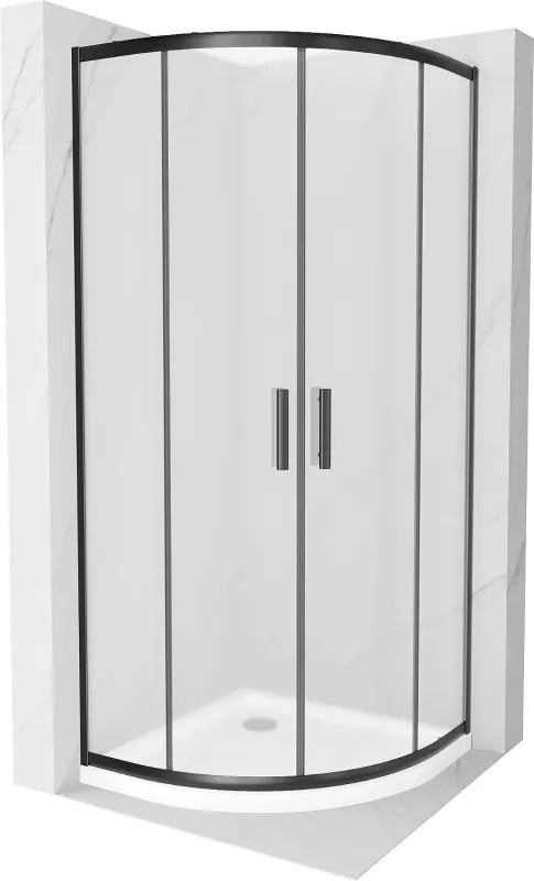 Mexen Rio, štvrťkruhový sprchovací kút s posuvnými dverami 80(dvere) x 80(dvere) x 190 cm, 6mm sklo námraza, čierny profil + biela sprchová vanička SLIM, 863-080-080-70-30-4110B