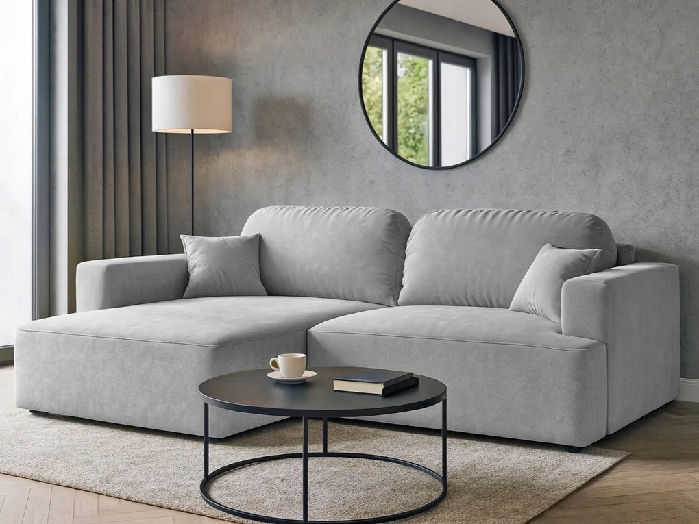 Rohová sedačka s funkciou spania Sunny ľavá s úložným priestorom na posteľnú bielizeň, svetlosivá