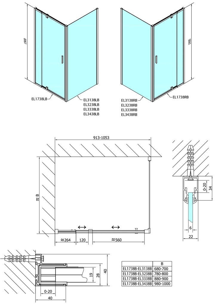 Polysan Polysan, EASY BLACK otočné sprchové dvere 880-1020mm, sklo BRICK, EL1738B