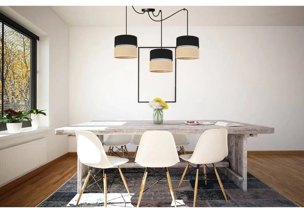 Závesné svietidlo Juta Spider, 3x jutové/čierne textilné tienidlo, b