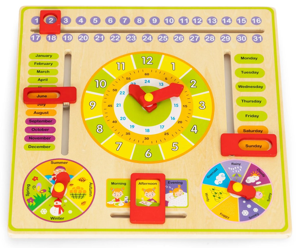 Drevená edukatívna manipulačná tabuľa, kalendár s hodinami, ECOTOYS