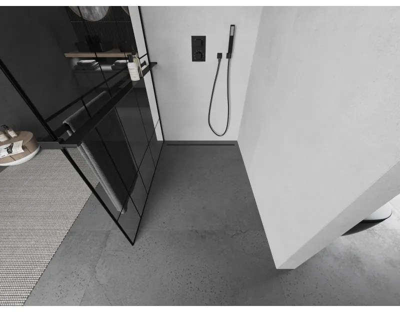 Mexen Kioto+ L, sprchová zástena Walk-In s poličkou a vešiakom 80 x 200 cm, 8mm číre sklo čierny vzor, čierny profil, 800-080-123-70-78