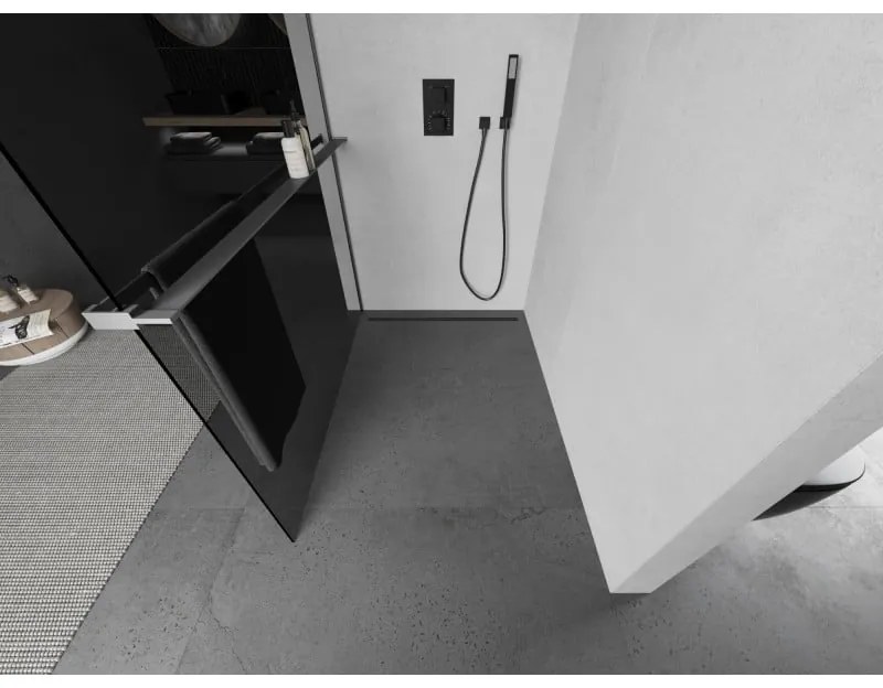 Mexen Kioto+ L, sprchová zástena Walk-In s poličkou a vešiakom 80 x 200 cm, 8mm šedé sklo, grafitový profil, 800-080-123-95-40