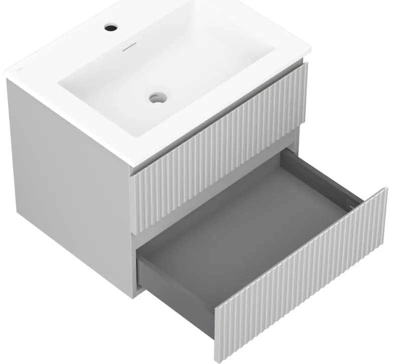Mexen Rivel, kúpeľňová skrinka 60 cm s umývadlom Otis, 2 zásuvky, drážkovaná, sivá matná/biela, 91A20-06047-2-BFF62-W18M01