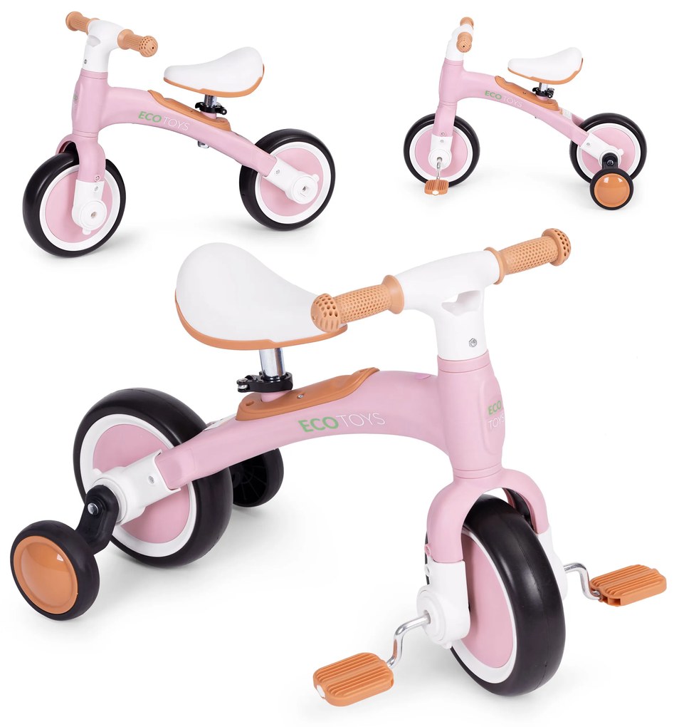 Odrážadlo/ Balančný bicykel s pedálmi 3v1 ružové, ECOTOYS