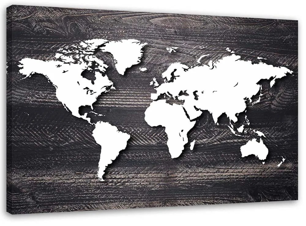 Gario Obraz na plátne Mapa sveta na sivom dreve Rozmery: 120 x 80 cm