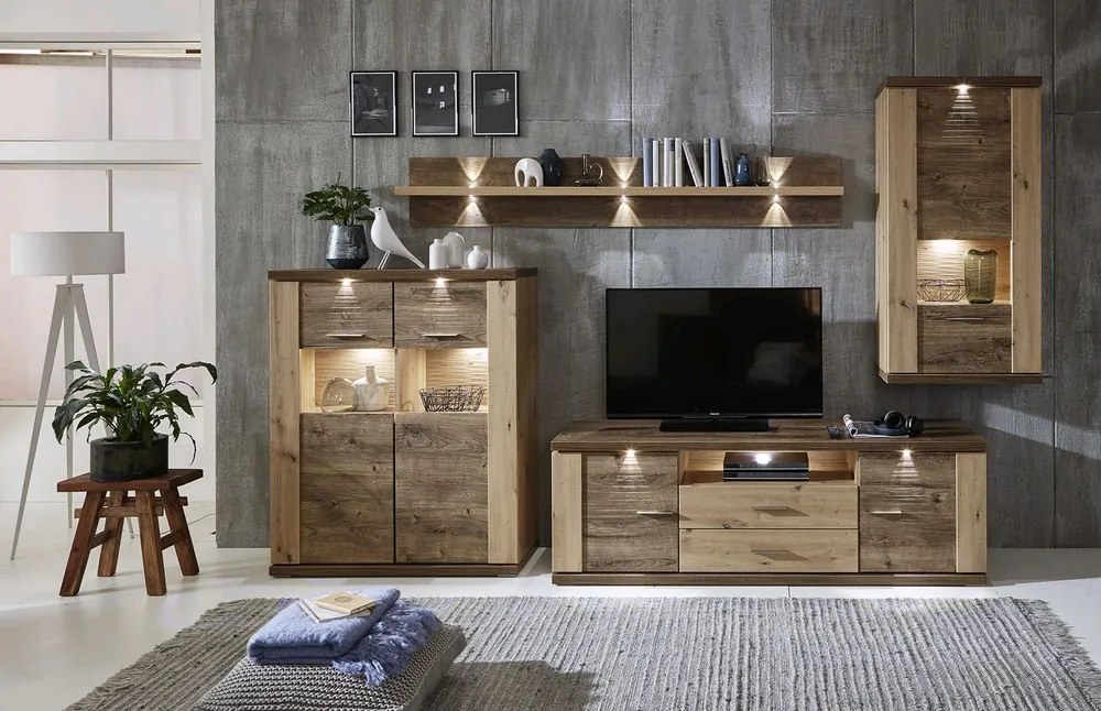 Obývacia stena Grande, dub artisan / dub Ribbeck, s osvetlením