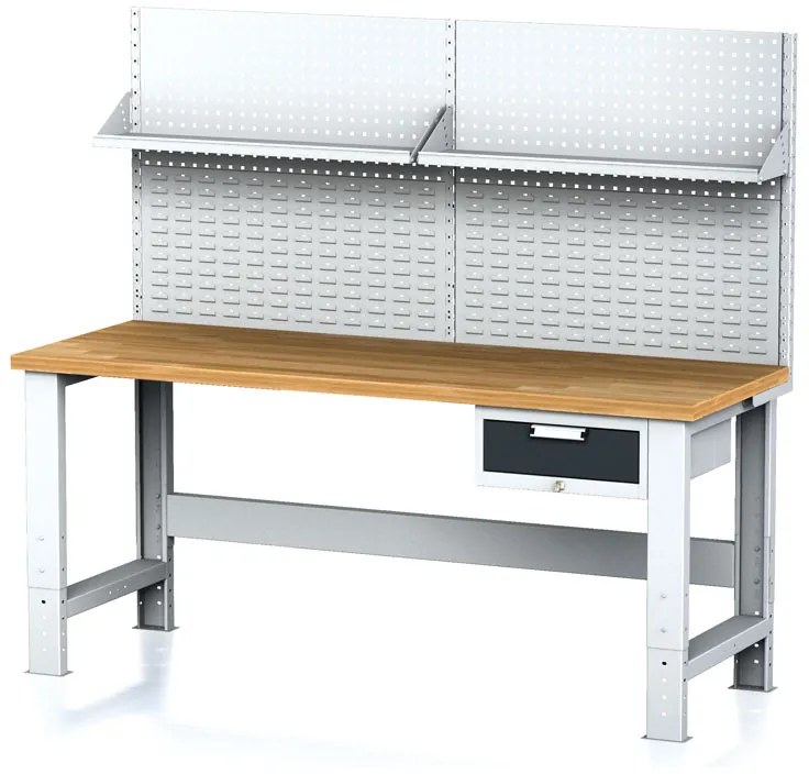 Alfa 3 Nastaviteľný dielenský stôl MECHANIC I , závesný box na náradie, nadstavba, polica, 1 zásuvka, 2000x685x700-1055 mm, antracit