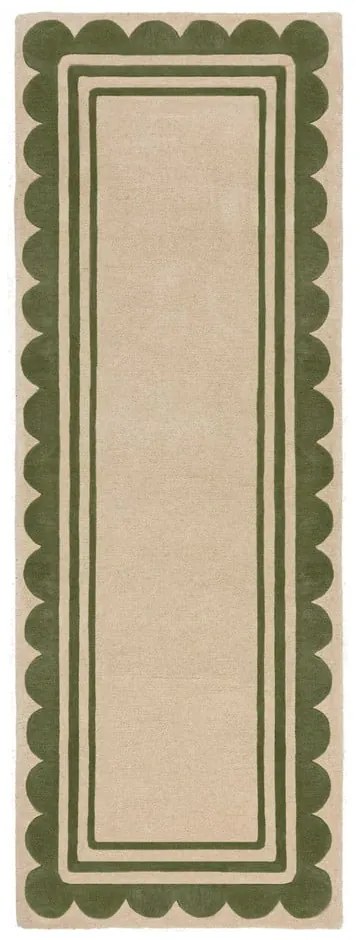 Ručne tkaný vlnený behúň v zeleno-prírodnej farbe 80x230 cm Lois Scallop – Flair Rugs