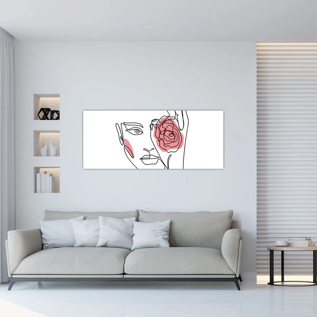 Obraz - Line art tvár s ružou (120x50 cm)