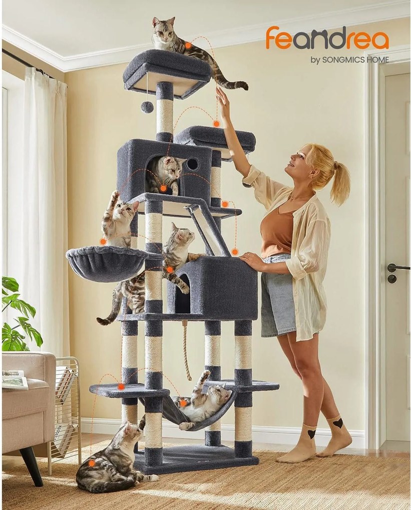 Mačací strom XL, so 13 škrabadlami, výška 206 cm, dymovo sivá farba