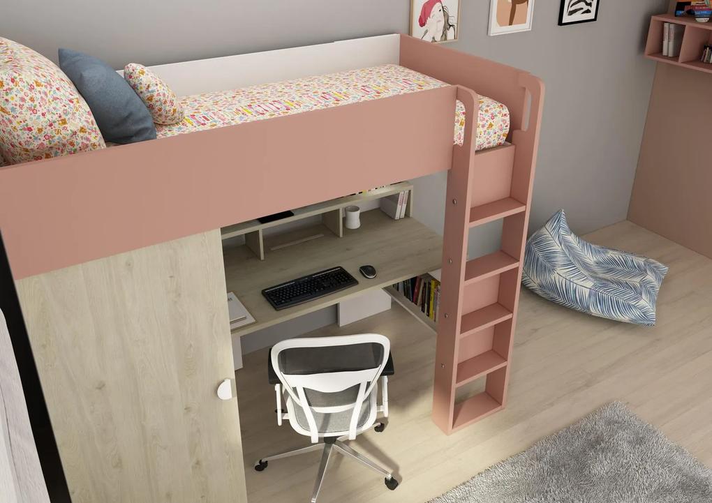 Vyvýšená posteľ s písacím stolom Flow - pink