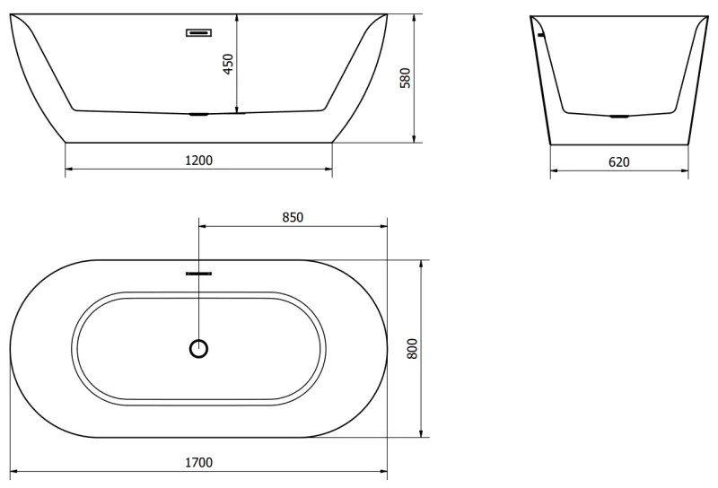 Mexen Roxy, voľne stojaca vaňa 170 x 80 cm, biela-čierna, medený prepad, 51201708075-65
