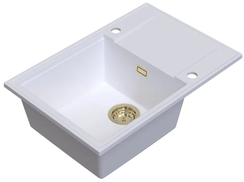 Sink Quality Sink55, kuchynský granitový drez 680x460x215 mm + zlatý sifón, biela, SKQ-SINK.W.1KDO.XG