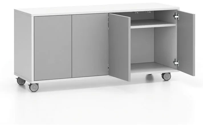 PLAN Pojazdná skrinka na kolieskach s dverami LAYERS, dlhá, 1200 x 400 x 575 mm, biela / sivá