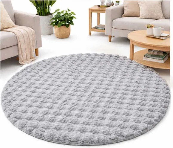 Okrúhly Bublinový koberec Rabbit Buble 120 cm strieborný plyšový