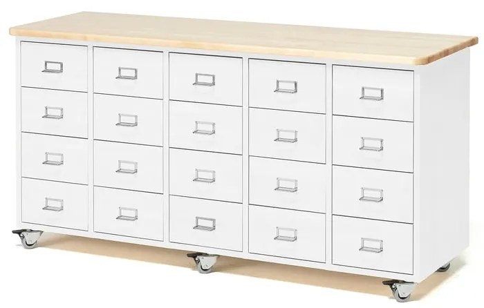 Zásuvková komoda s kolieskami, 20 zásuviek, madlo s držiakom na štítky, biela
