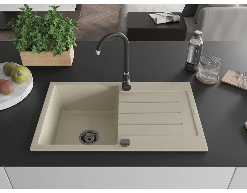 Mexen Bruno, 1-komorový granitový drez s odkvapkávačom 795x495x200 mm a čierna kuchynská batéria Telma, béžová, 6513-69-670200-70