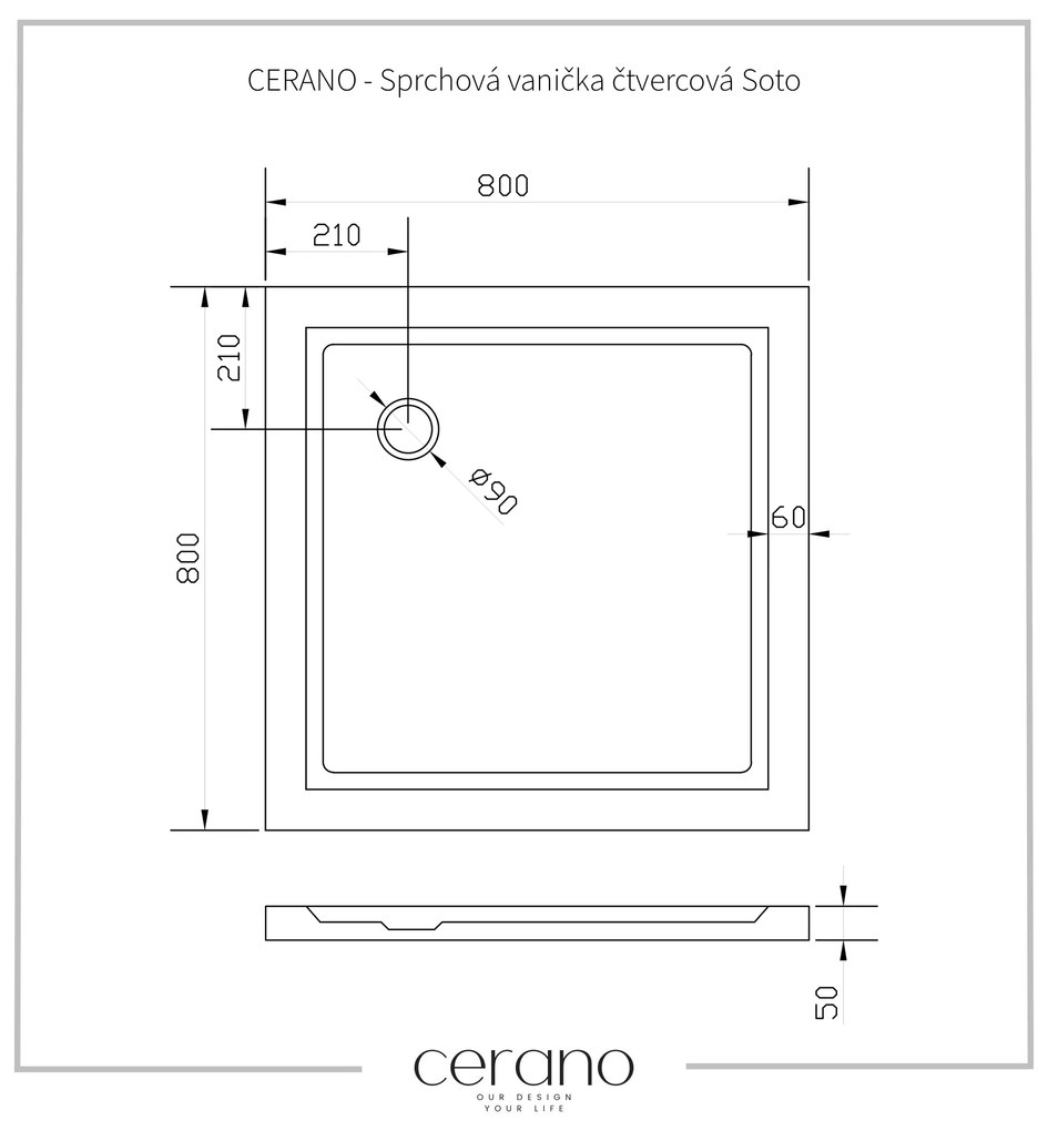 Cerano Soto, štvorcová akrytálová sprchová vanička 80x80x5 cm, biela, CER-CER-425539