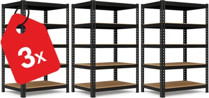 Akcia 3x Regál 216x180x50 cm profesionálny 5-policový, nosnosť 1500 kg - čierny