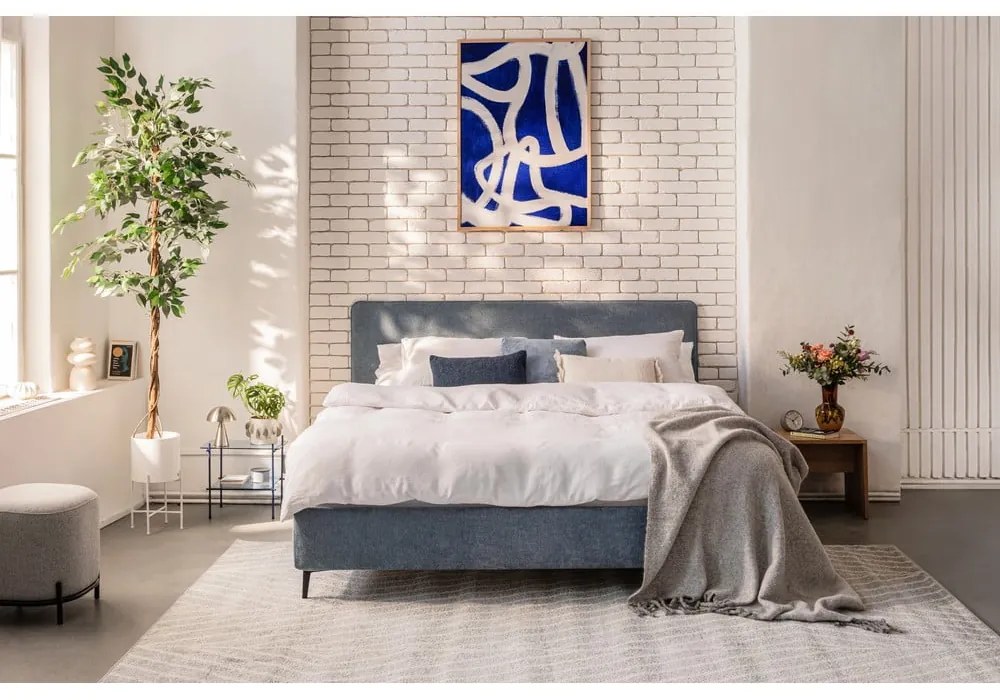 Modrá čalúnená dvojlôžková posteľ s matracom/s roštom 180x200 cm Noira Slim - Bonami Selection