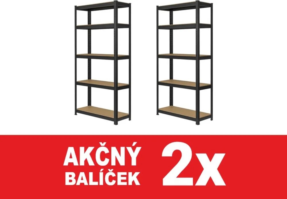 Akcia 2x Regál 180x90x40 cm lakovaný 5-policový, nosnosť 875 kg - čierny - 2ks