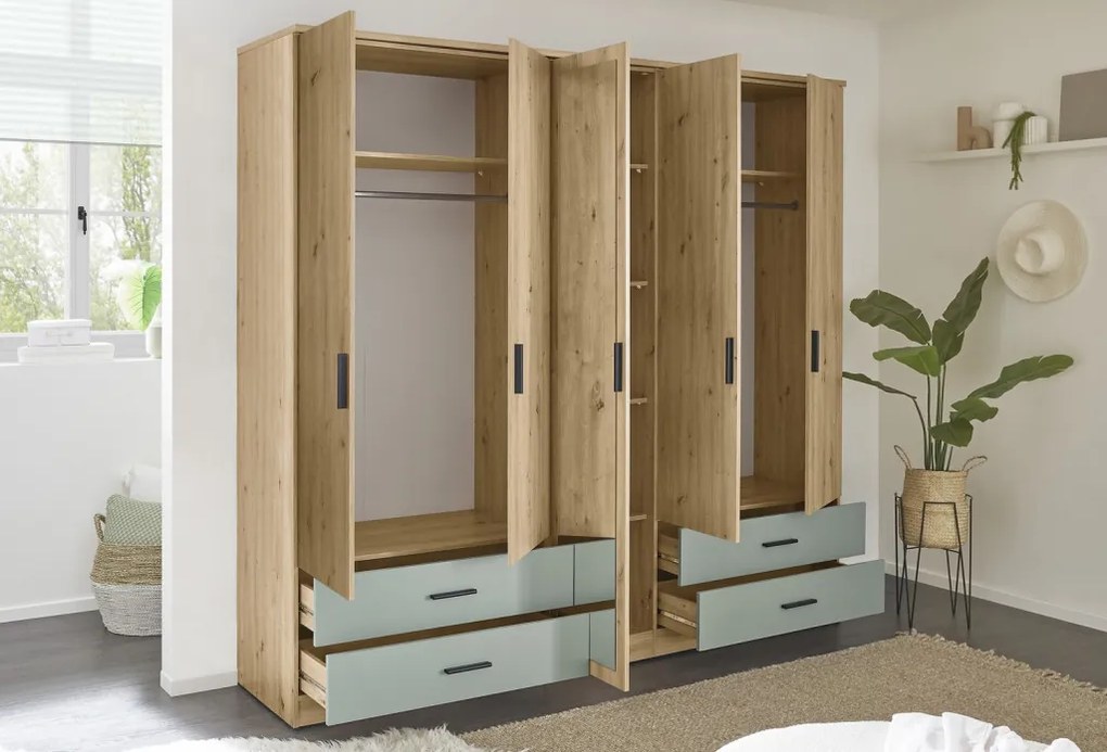 Šatníková skriňa so zrkadlom Savina 225 cm, dub artisan/šalviová