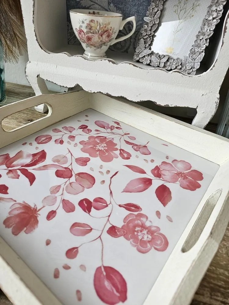 2ks drevený podnos s kvetinovým dekorom Tray Roses - 39*39*5/ 35*35*4 cm