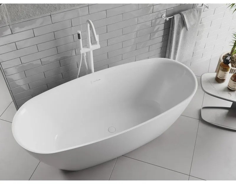 Mexen Luvo Slim, voľne stojaca vaňa 170 × 75 cm, biela lesklá, biely prepad, 52801707500-20