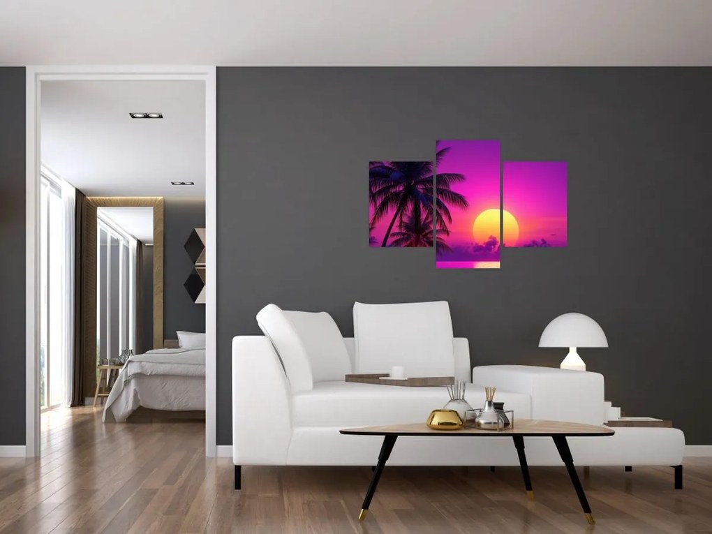 Obraz - Fialový západ s palmou (90x60 cm)