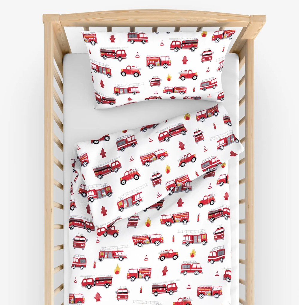 Goldea detské bavlnené obliečky do postieľky - hasičské autá 90 x 130 a 40 x 60 cm