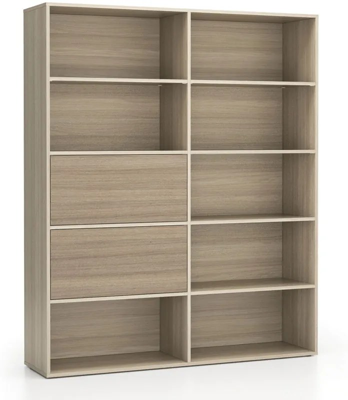 PLAN Široký kancelársky policový regál LAYERS, 2 boxy, 1582 x 400 x 1905, dub prírodný / dub morený