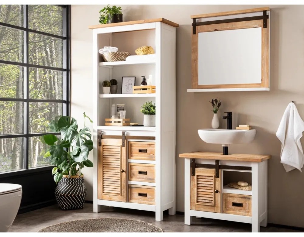 furniture-nabytek.cz - Masívne kúpeľňové zrkadlo Capera z borovice a MDF, lakované, biele/hnedé – 70x70 cm