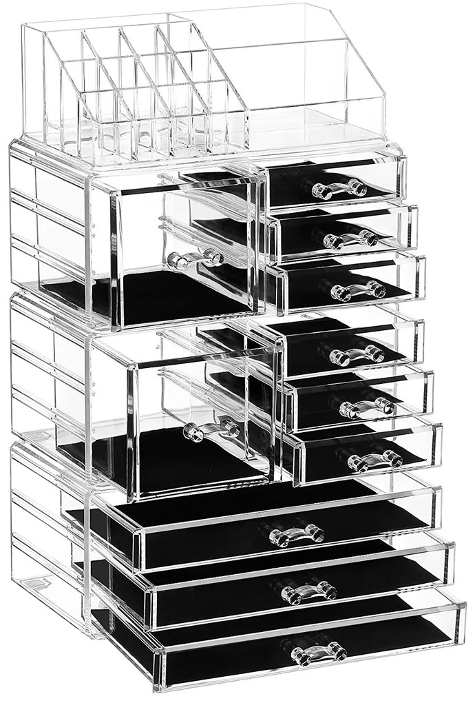 XXL organizér s 11 zásuvkami a 15 oddeleniami na make up a kozmetiku, priehľadný, akryl