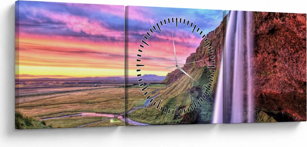 Obraz - Vodopád Seljalandsfoss (s hodinami) (90x30 cm)