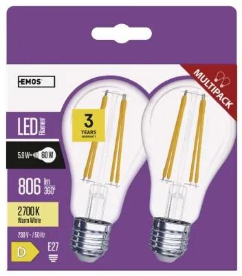EMOS LED žiarovka Filament E27, A60, 5,9 W, teplá biela, 2ks