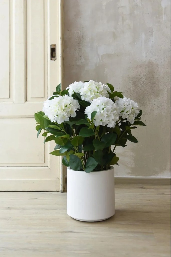Umelá hortenzia HYDRANGEA v bielom kvetináči, výška 78 cm, biela