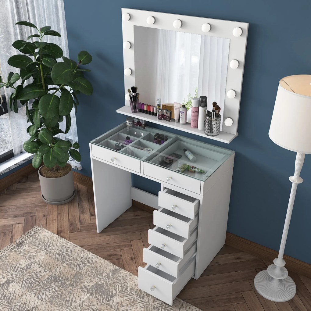 Toaletní stolek Melissa 03 s LED zrcadlem bílý/čirý
