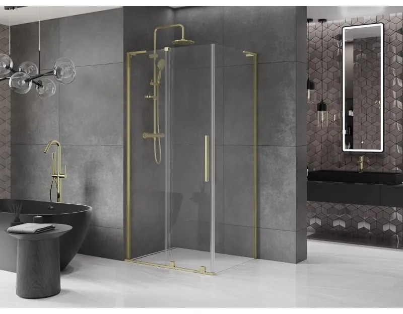 Mexen Velar L, sprchový kút s posuvnými dverami 120 x 90 cm, 8mm číre sklo, zlatá matná, 871-120-090-03-55