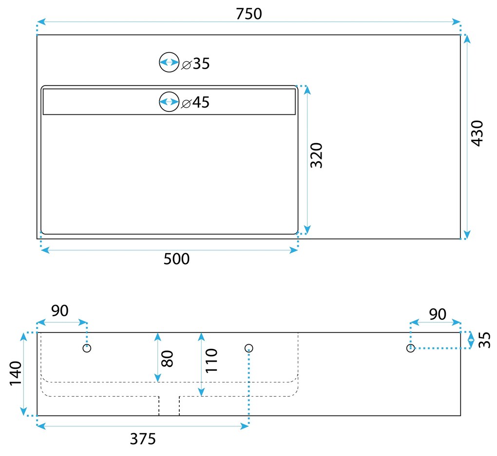 Rea Archi, umývadlo na dosku z konglomerátu 750x430x140 mm, ľavá verzia, šedá matná, REA-U4303