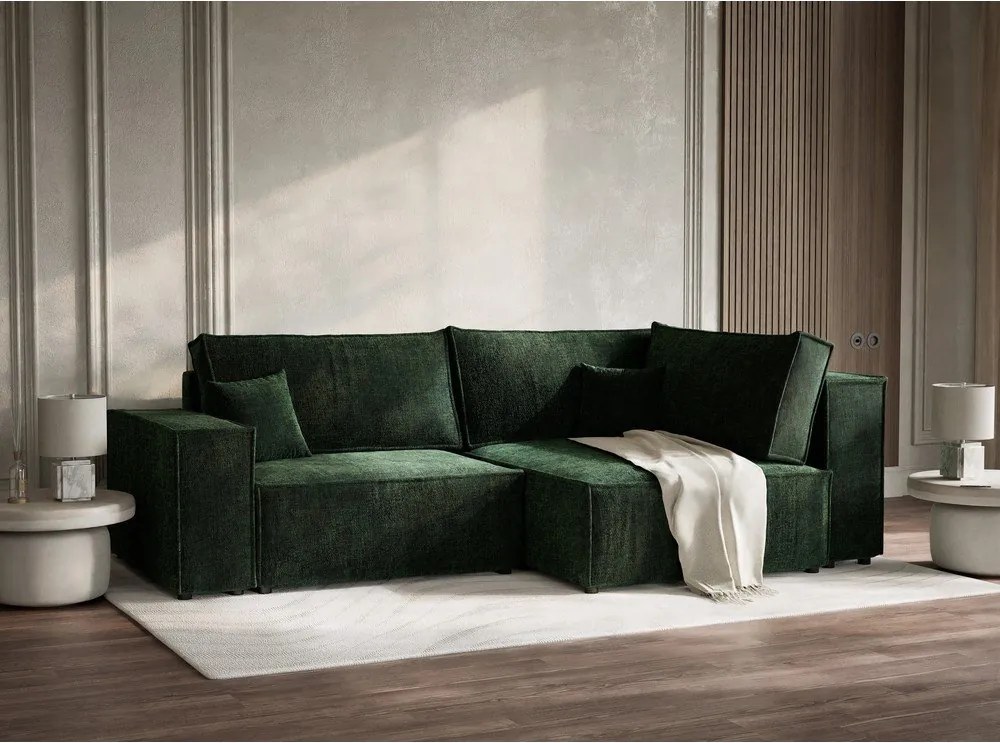 Tmavozelená ženilková rozkladacia/s úložným priestorom rohová pohovka (pravý roh/do L) Tonga – Maison de Rêve