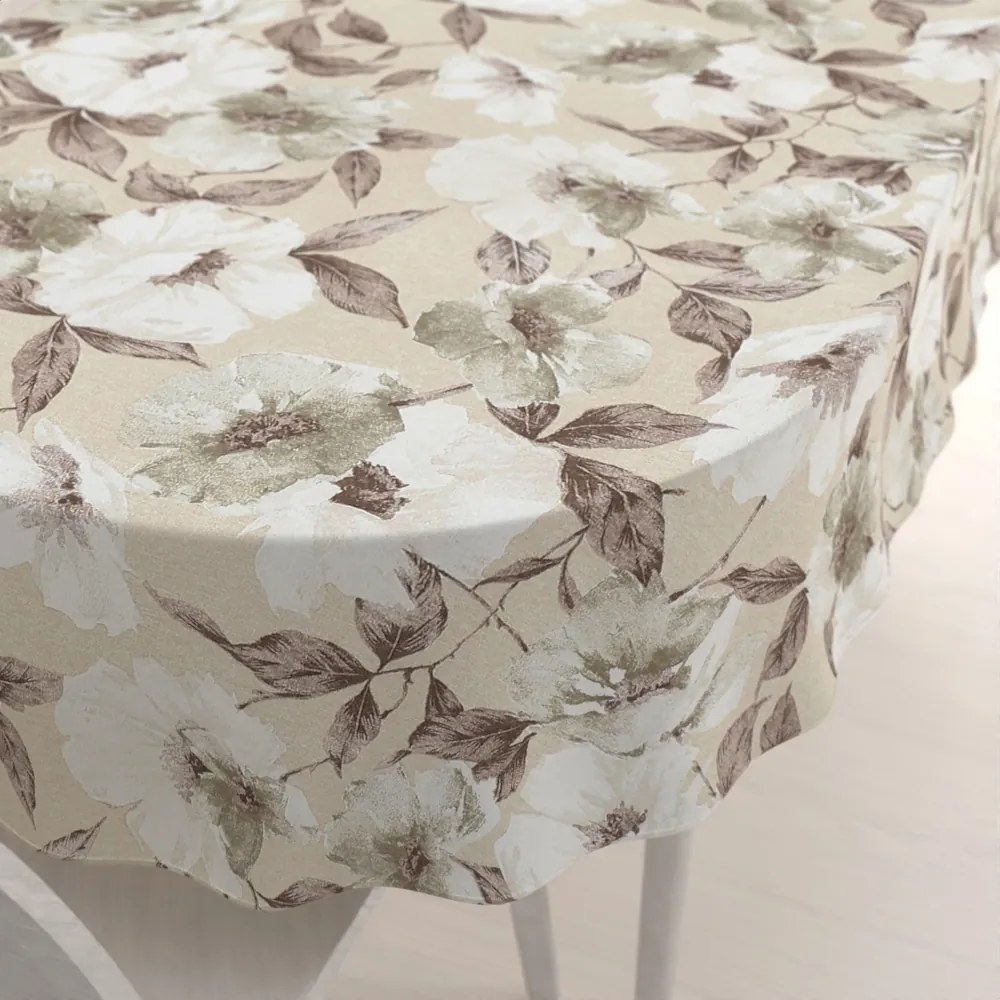 Biante Dekoračný oválny obrus Porto PRT-011 Hnedo-biele kvety na béžovom 130x220 cm