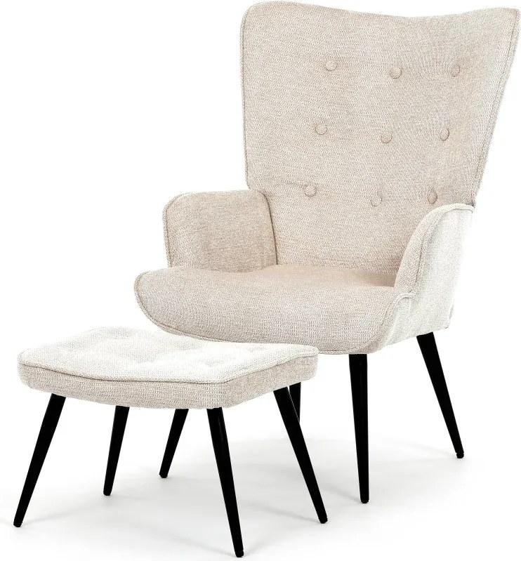 Relaxačné kreslo ušiak s taburetom ROYAL II — kov, látka, krémová