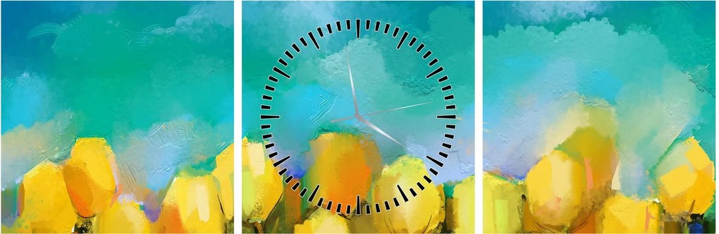 Obraz žltých tulipánov (s hodinami) (90x30 cm)