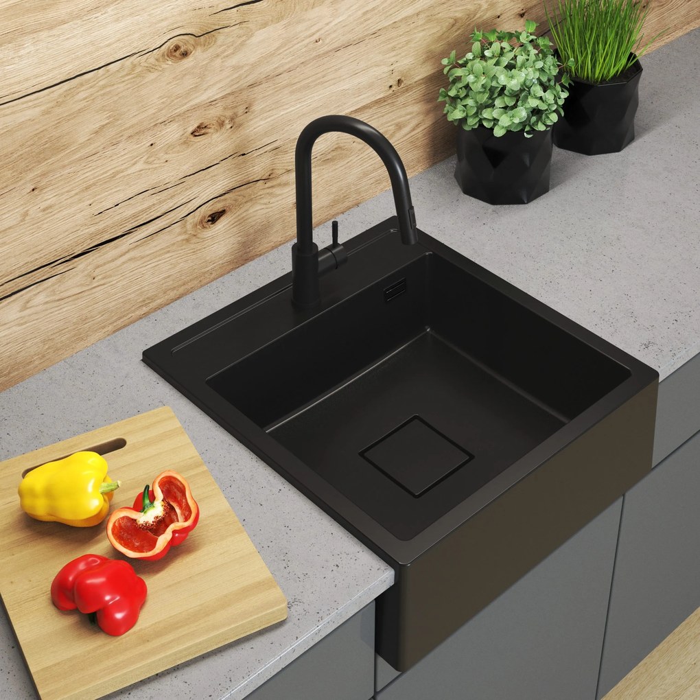 Gamma Farmerski, 1-komorový granitový drez 600x630x210 mm, čierna, GMA-ZLE000208