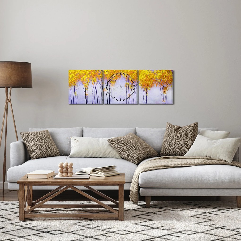 Obraz žltých stromov (s hodinami) (90x30 cm)
