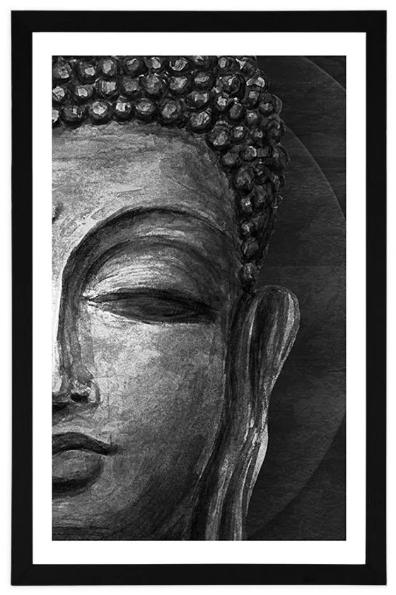 Plagát s paspartou tvár Budhu v čiernobielom prevedení - 30x45 silver