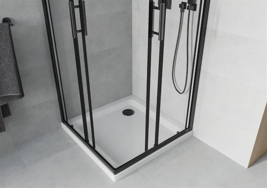 Mexen Rio, sprchovací kút s posuvnými dverami 90x90x190 cm, 6mm číre sklo, čierny profil, biela sprchová vanička SLIM, 860-090-090-70-00-4010