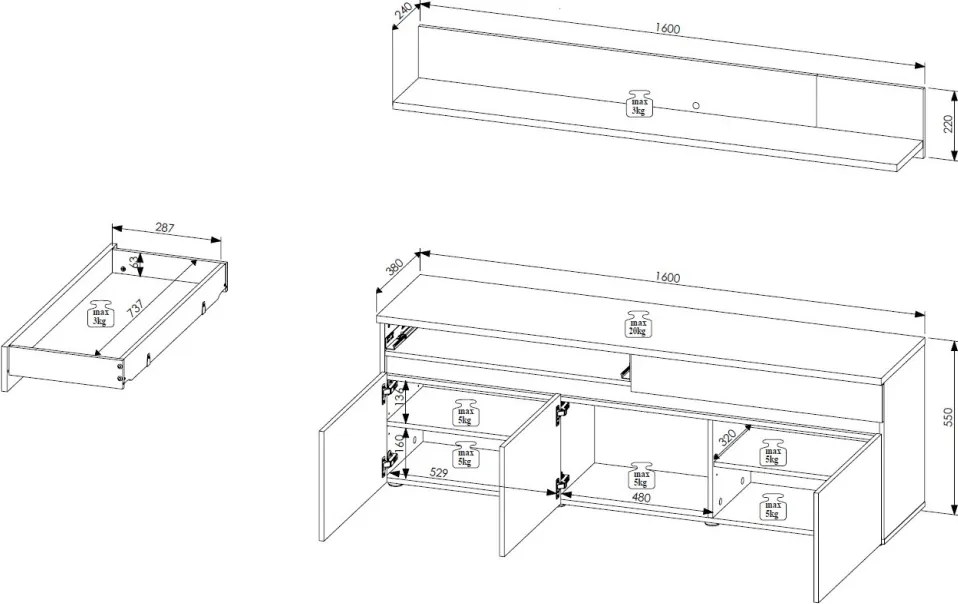 TV skříňka s policí Lille, dub artisan/antracit, s osvětlením