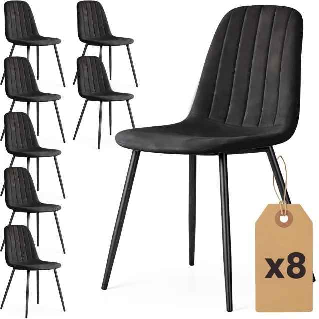 Sada ôsmich jedálenských stoličiek LUMO zamatové, čierne / čierne nohy (8 ks)